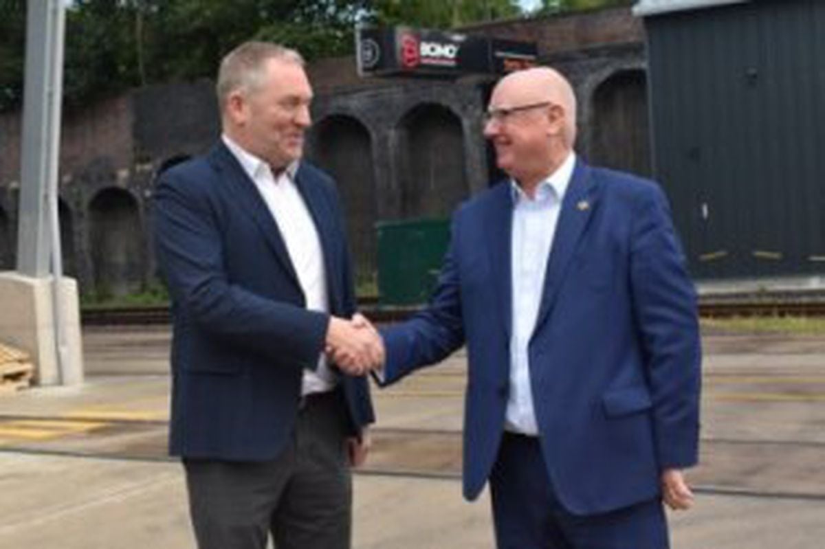 Neil Fulton (chief executive officer of the Black Country Innovative Manufacturing Organisation) and Mal Cowgill (principal and chief executive of Wolverhampton College) at the new rail training site in Dudley.