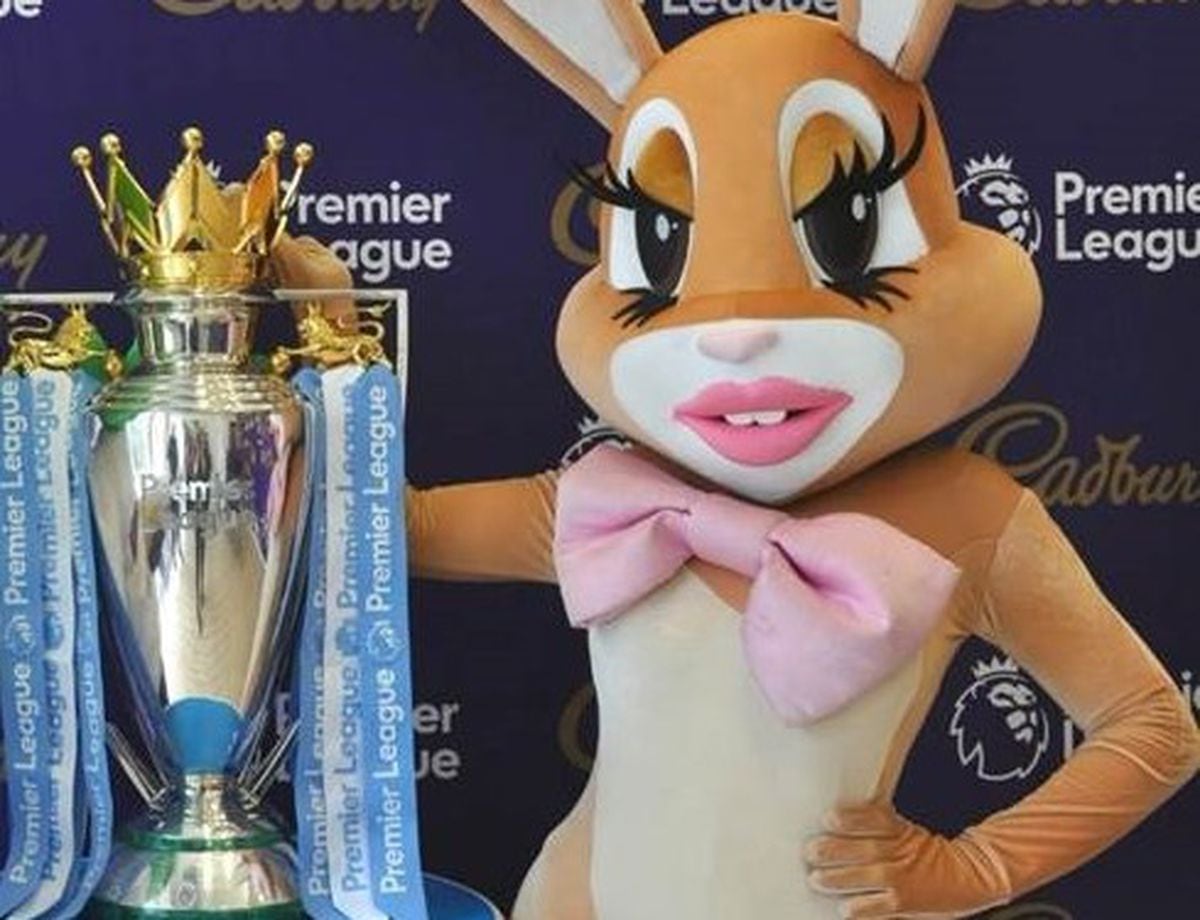The Cadbury's Bunny with the Premier League Trophy  