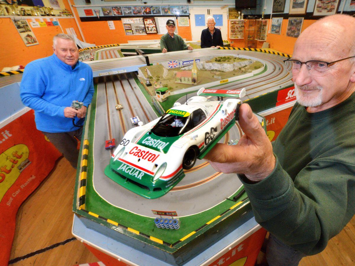 WOLVERHAMPTON COPYRIGHT SHROPSHIRE STAR STEVE LEATH 05/10/2022..Pics at Aldersley where the Wolverhampton Scalextric (Slot Car), club are based. They are after new blood for the club and also have an event this sunday too. Pictured is:  Front: Roy Pritchards and Chris Aston and  back: Malcolm Scotto and David Holmes.