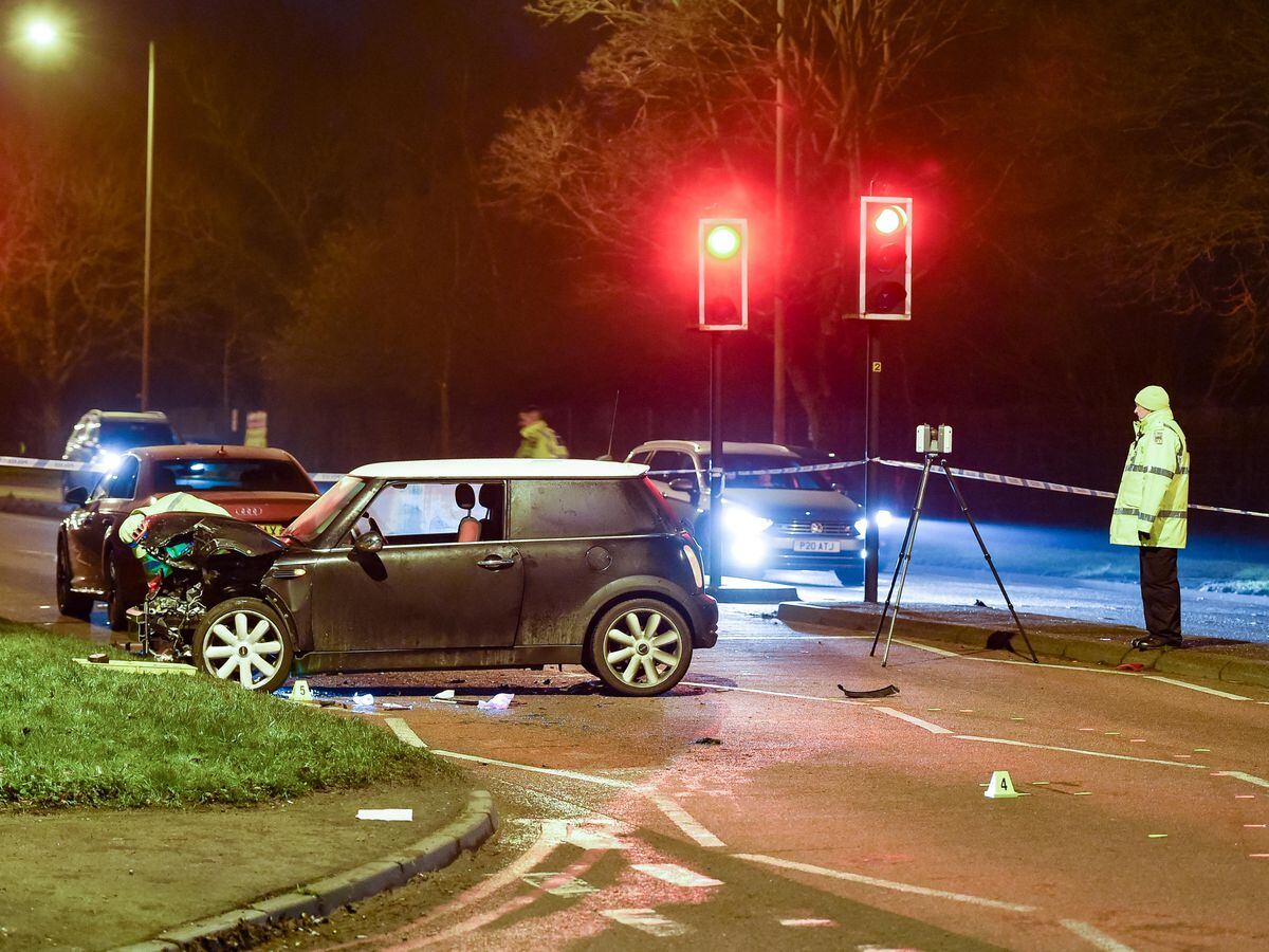 Police closed Wolverhampton Road, in Oldbury, after the crash involving two cars. Image: @SnapperSK