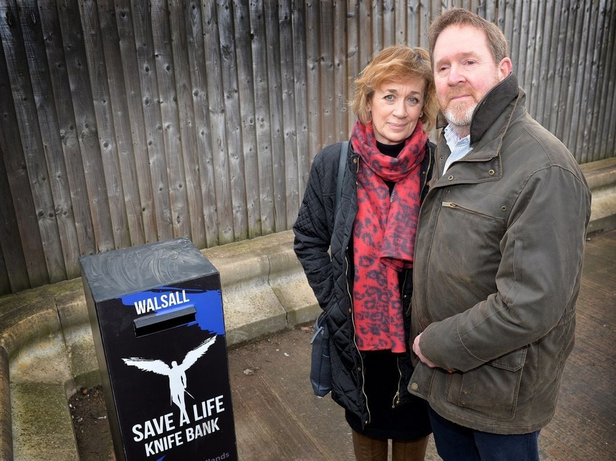 Mark and Beverley Brindley unveiling Walsall's first knife surrender bin last month