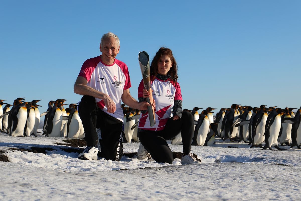 Vicky Chater (Badminton) and Chris Locke (Lawn Bowles) at Volunteer Point in the Falkland Islands