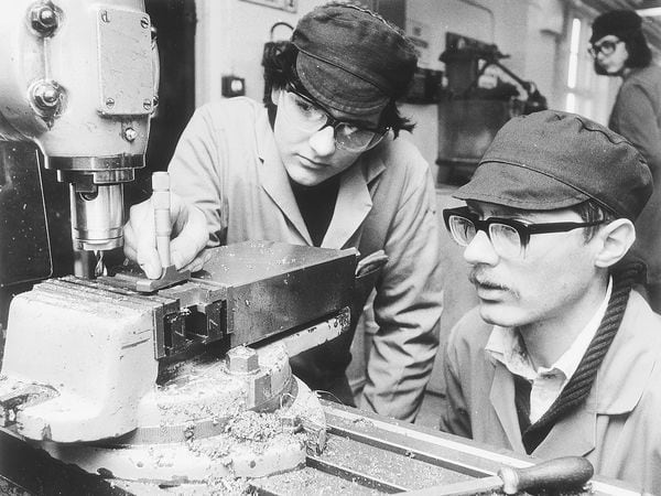 Among the learners at Josiah Parkes Willenhall lock works in January 1981 was second-year trainee Andrew Fletcher, seen here with instructor John Ball.