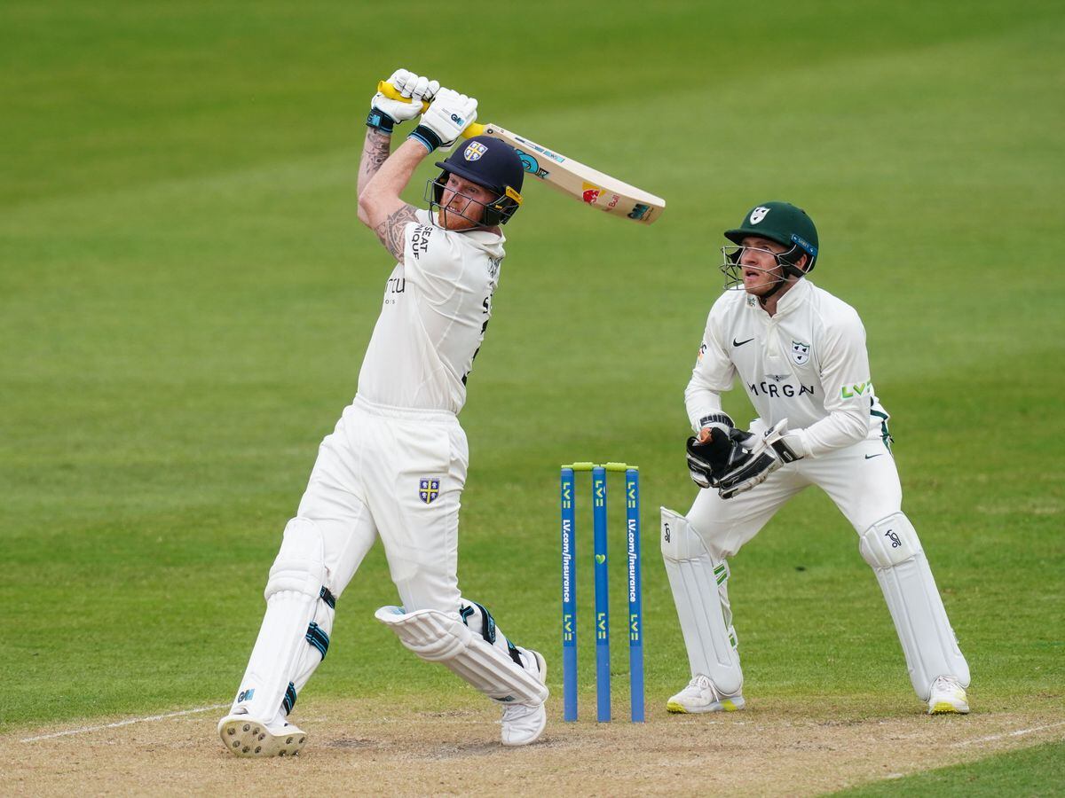 Durham's Ben Stokes hits a 6 to reach his 100 during day two of the LV= Insurance County Championship division two match at New Road, Worcester. Picture date: Friday May 6, 2022. PA Photo. See PA story CRICKET Worcestershire. Photo credit should read: David Davies/PA Wire. ..RESTRICTIONS: Editorial use only. No commercial use without prior written consent of the ECB. Still image use only. No moving images to emulate broadcast. No removing or obscuring of sponsor logos..