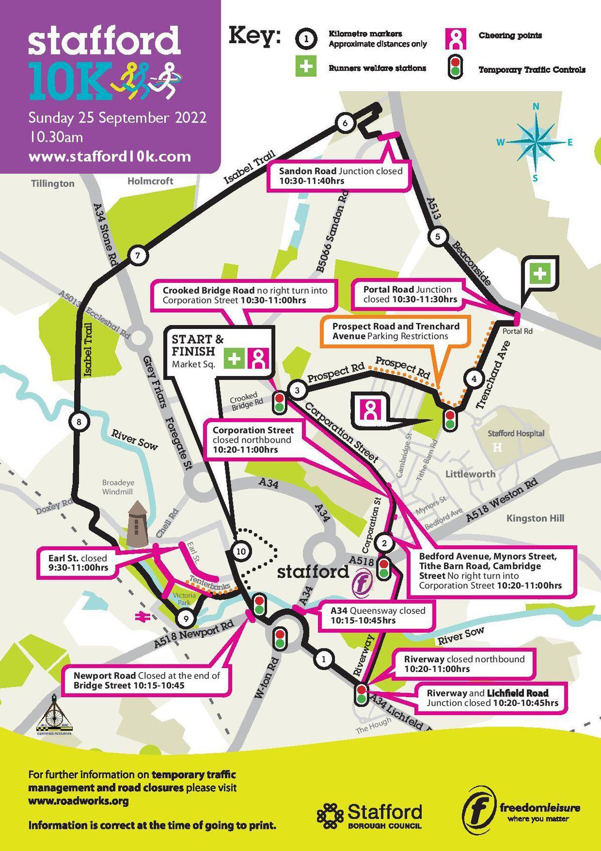 Stafford 10k road closures and route map. Image: Feedom Leisure