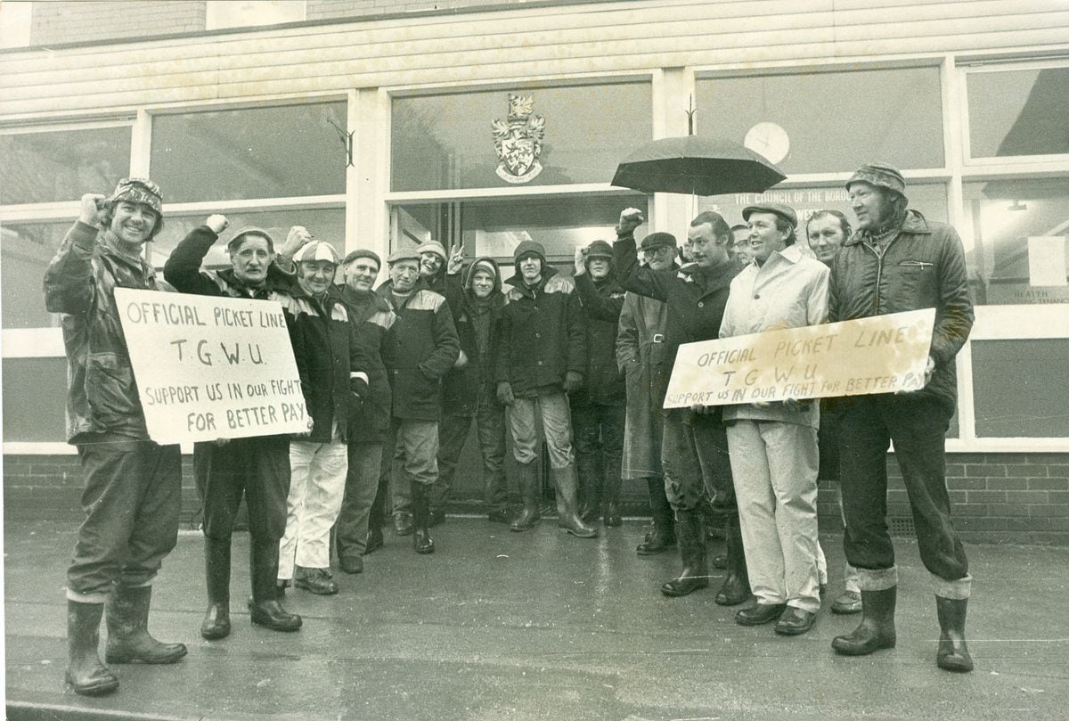 Council manual workers on strike in Oswestry on February 1, 1979