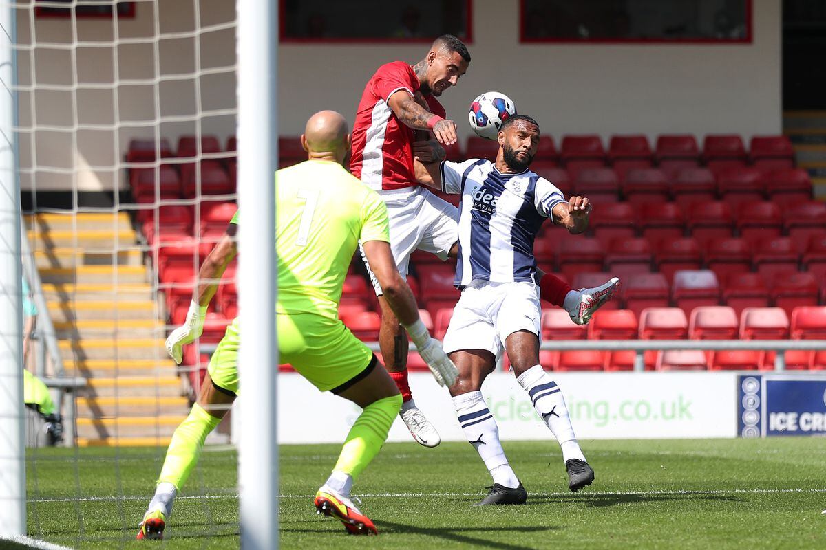 Matt Phillips of West Bromwich Albion defends at The Mornflake Stadium on July 16, 2022 in Crewe, England. (Photo by Adam Fradgley/West Bromwich Albion FC via Getty Images).