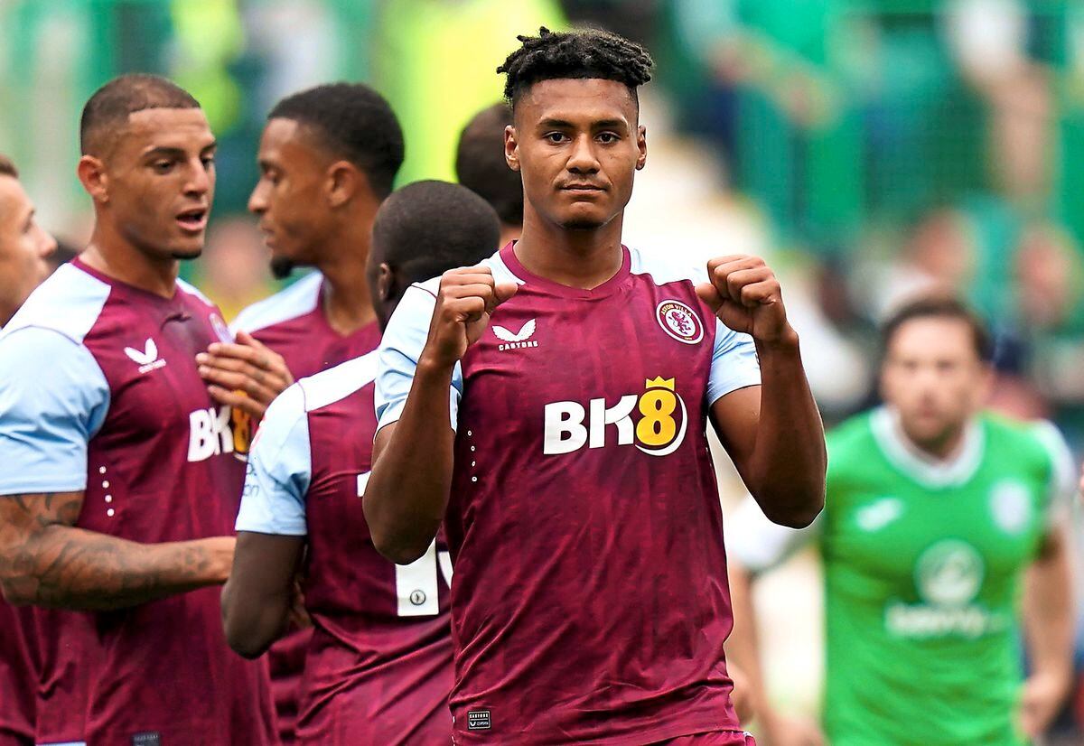 Aston Villa's Ollie Watkins celebrates scoring their side's first goal of the game during the first leg of the UEFA Europa Conference League