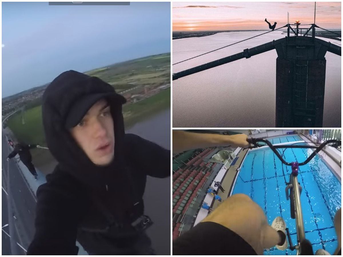 Left, Ryan Taylor filmed climbing, and right top, the group scaled the 510ft-high Humber Bridge and right bottom, Ryan jumping from the diving board on his bike at Walsall's Gala Baths