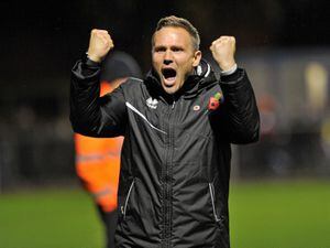 Celebrations from Walsall manager Matt Taylor at the final whistle.