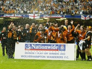 Wolves' celebrate after the Nationwide Division One play-off final against Sheffield United at the Millennium Stadium, Cardiff, Monday May 26, 2003. Wolverhampton Wanderers gained promotion into the Premiership after defeating Sheffield United 3-0. PA Photo: David Davies.
 
 THIS PICTURE CAN ONLY BE USED WITHIN THE CONTEXT OF AN EDITORIAL FEATURE. NO UNOFFICIAL CLUB WEBSITE USE.
 
 
