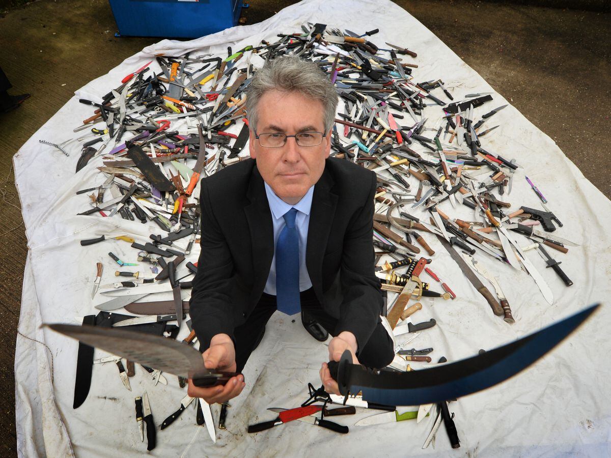 West Midlands Police and Crime Commissioner Simon Foster, at  a knife surrender bin at Tesco Extra, Dudley