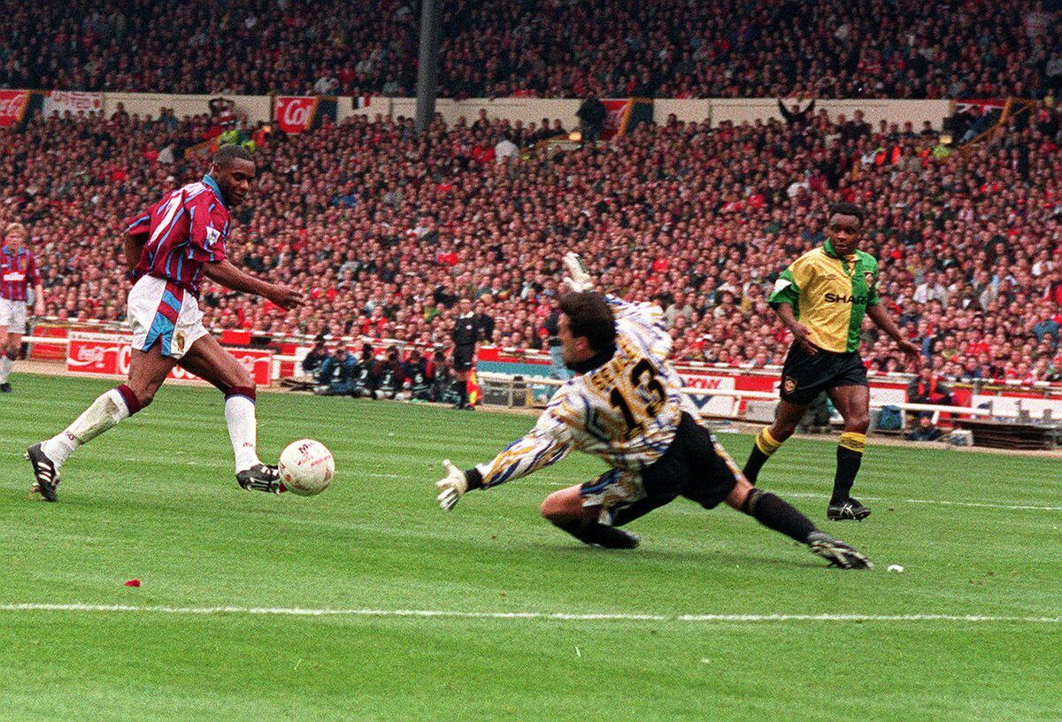 Dalian Atkinson scoring the first goal in the Coca Cola Cup Final at Wembley against Manchester United in 1994
