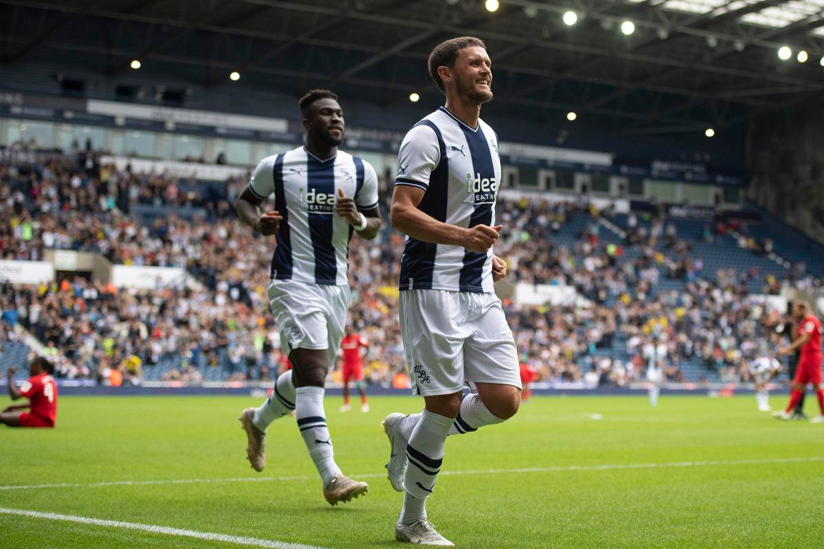John Swift of West Bromwich Albion celebrates scoring a goal during the Pre-Season Friendly between West Bromwich Albion and Hertha Berlin at The Hawthorns on July 23, 2022 in West Bromwich, England. (Photo by Malcolm Couzens - WBA/West Bromwich Albion FC via Getty Images).