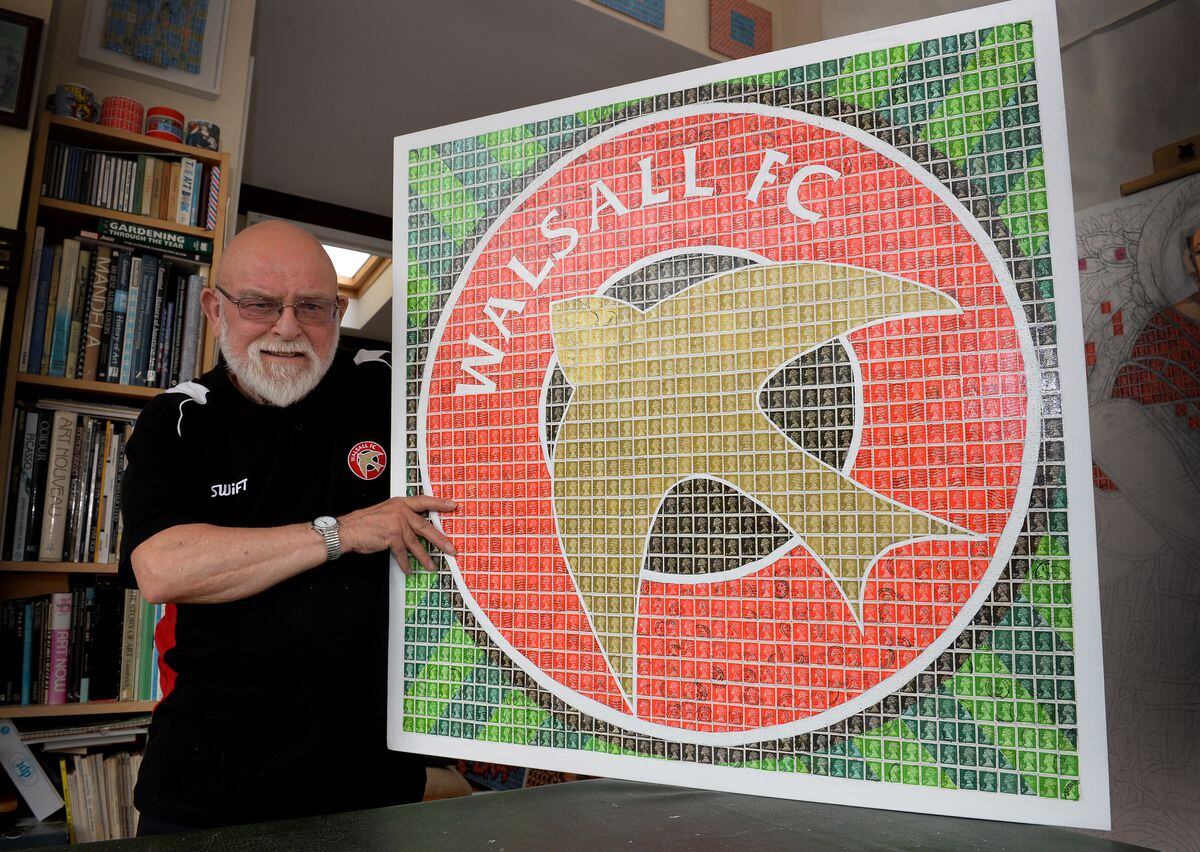 Stamp artist Pete Mason, who has created an artwork of the Walsall FC logo in stamps, which he plans to give to the club