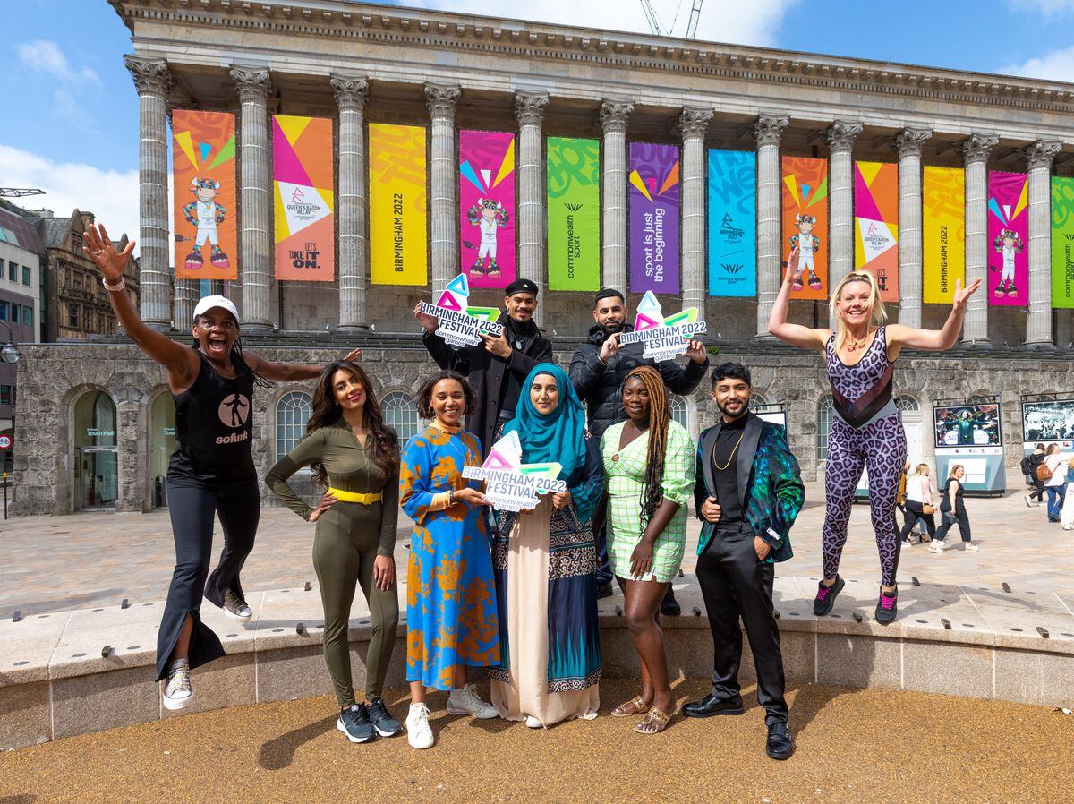 Raidene Carter and Councillor Mariam Khan pose with live site performers and representatives as the festival sites are launched. Photo: Shaun Fellows / Shine Pix Ltd