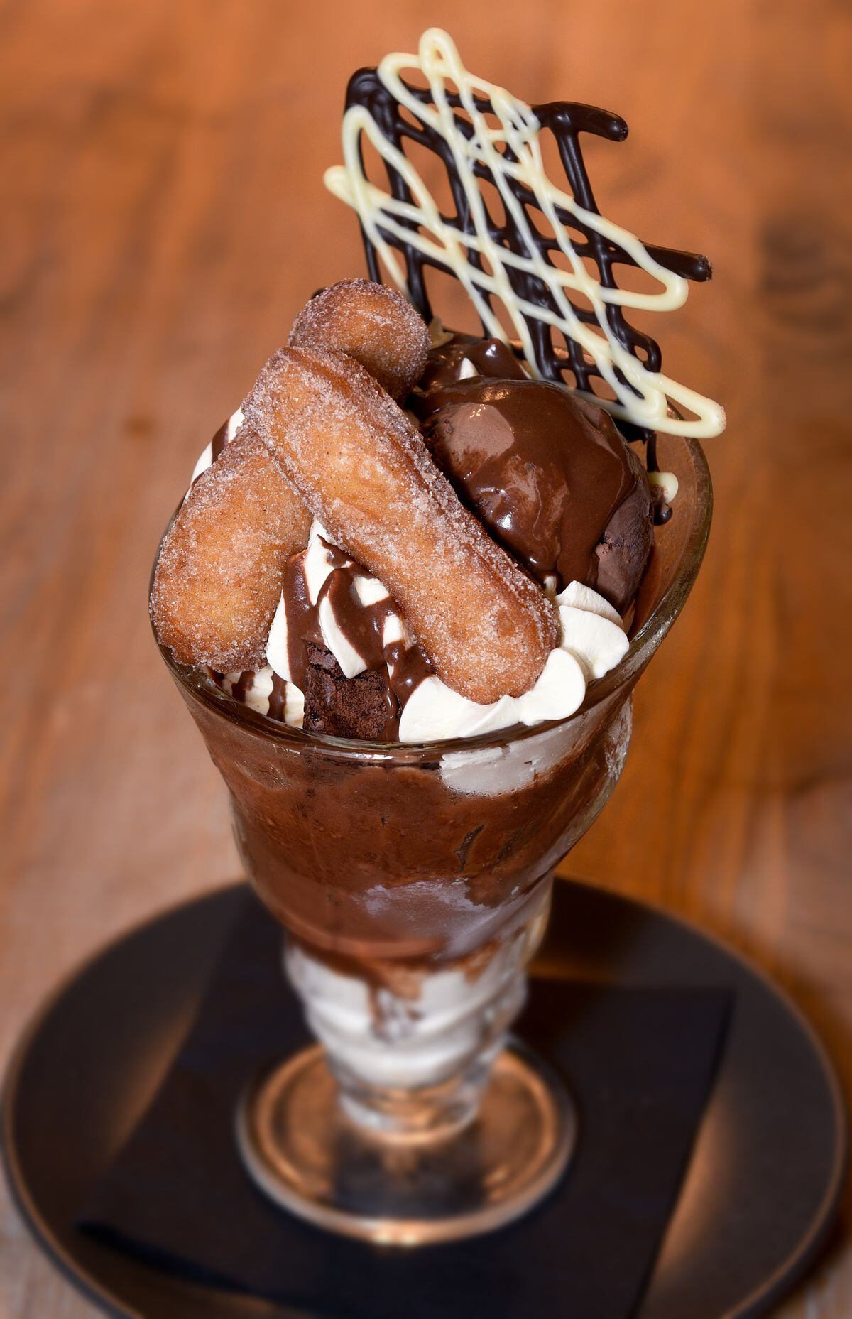 Frosted churros & chocolate brownie sundae