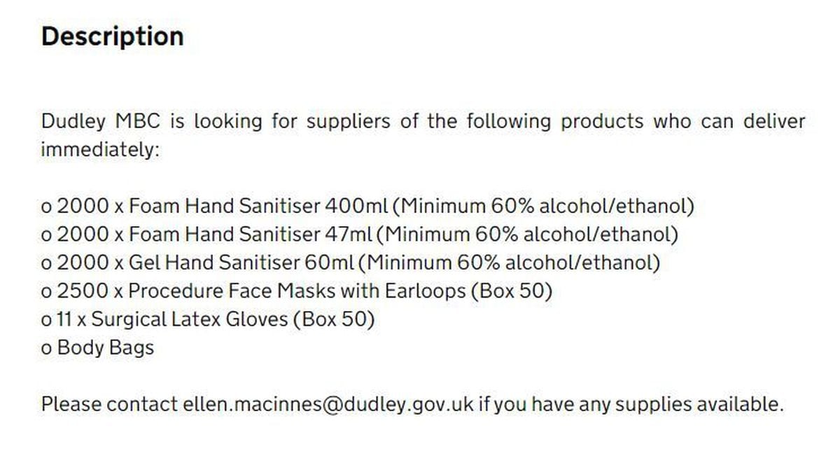 Dudley Council is advertising for a contractor to provide hand sanitisers and face masks
