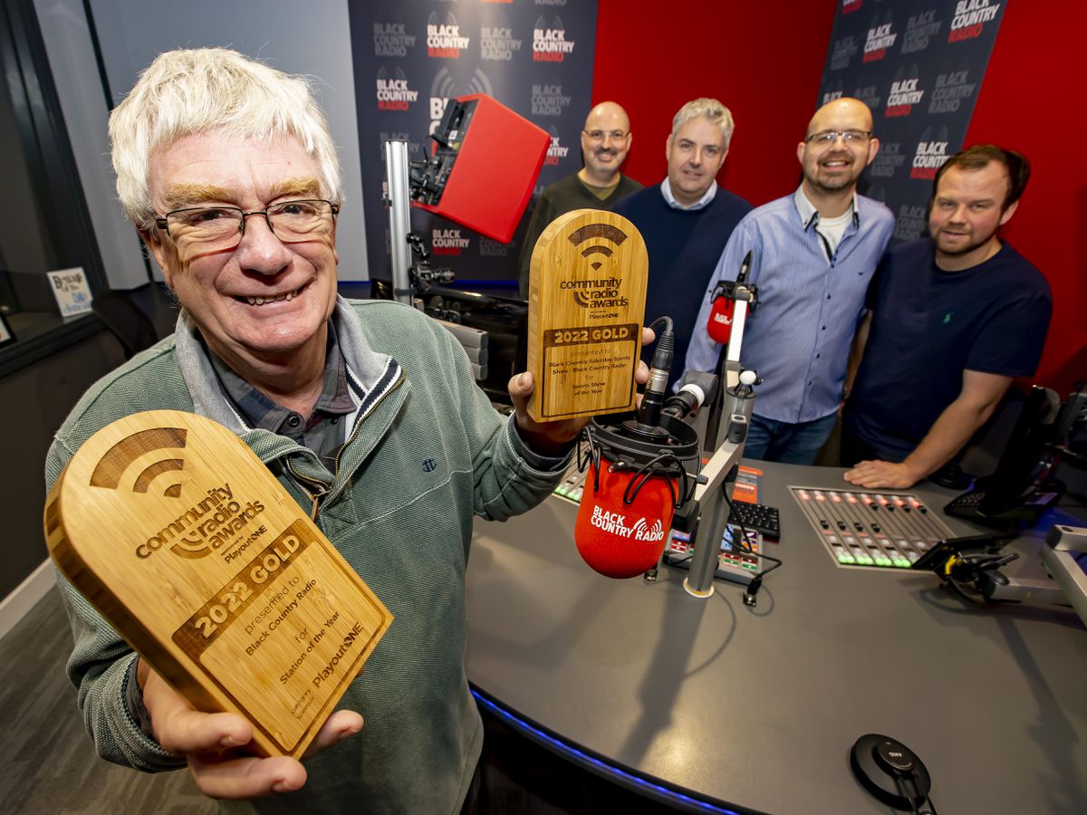 Keith Horsfall, chairman; Clive Payne, presenter; Adam Parkes, sports presenter; Alex Totney, director; and Tom Walker, technical director, pose with the awards won by Black Country Radio