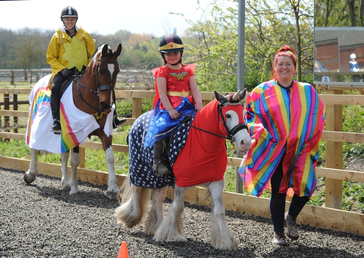 Taking part in a fancy dress fundraising riding challenge, at Norton Hall Farm and LAW Equine, Norton Canes