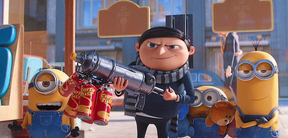 Minion Stuart, Gru (voiced by Steve Carell), Minions Bob and Kevin in Minions: The Rise Of Gru