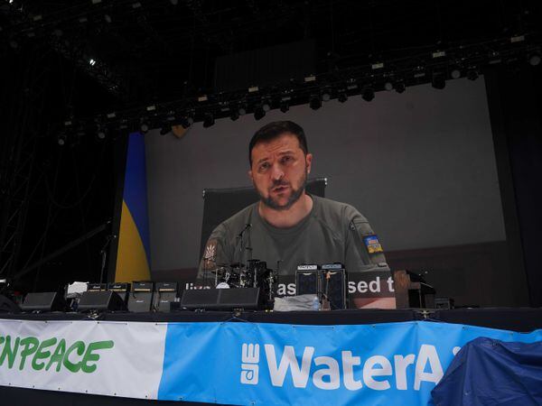 Video message by Ukrainian President Volodymyr Zelensky shown to the crowd at the Glastonbury Festival