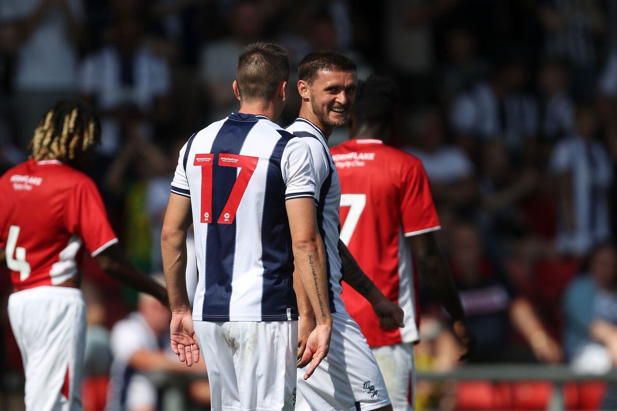 John Swift of West Bromwich Albion celebrates after scoring a goal to make it 0-1 at The Mornflake Stadium on July 16, 2022 in Crewe, England. (Photo by Adam Fradgley/West Bromwich Albion FC via Getty Images).
