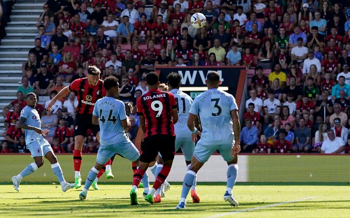 Bournemouth's Kieffer Moore scores their side's second goal in the win over Aston Villa