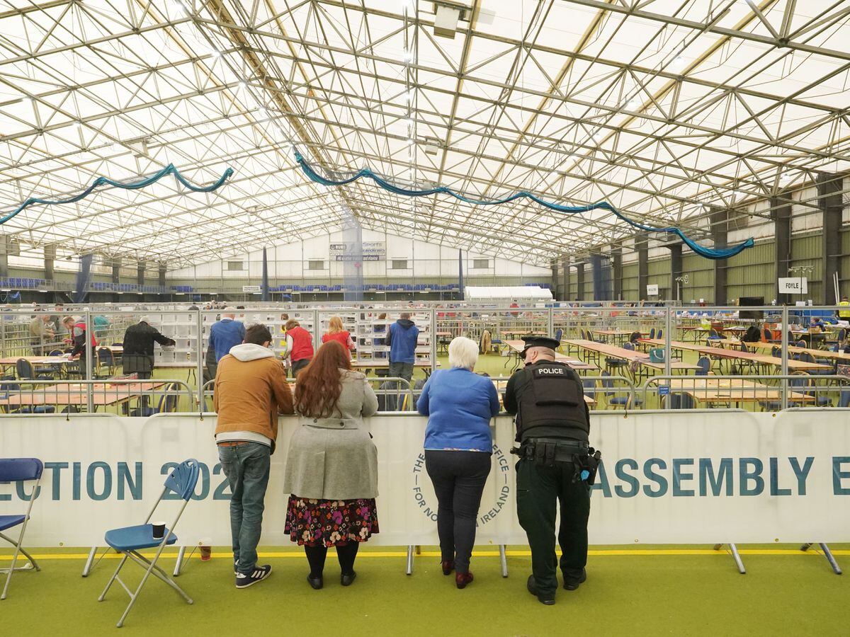 Votes are counted at the Meadowbank Sports Arena after the Stormont Assembly election in 2022