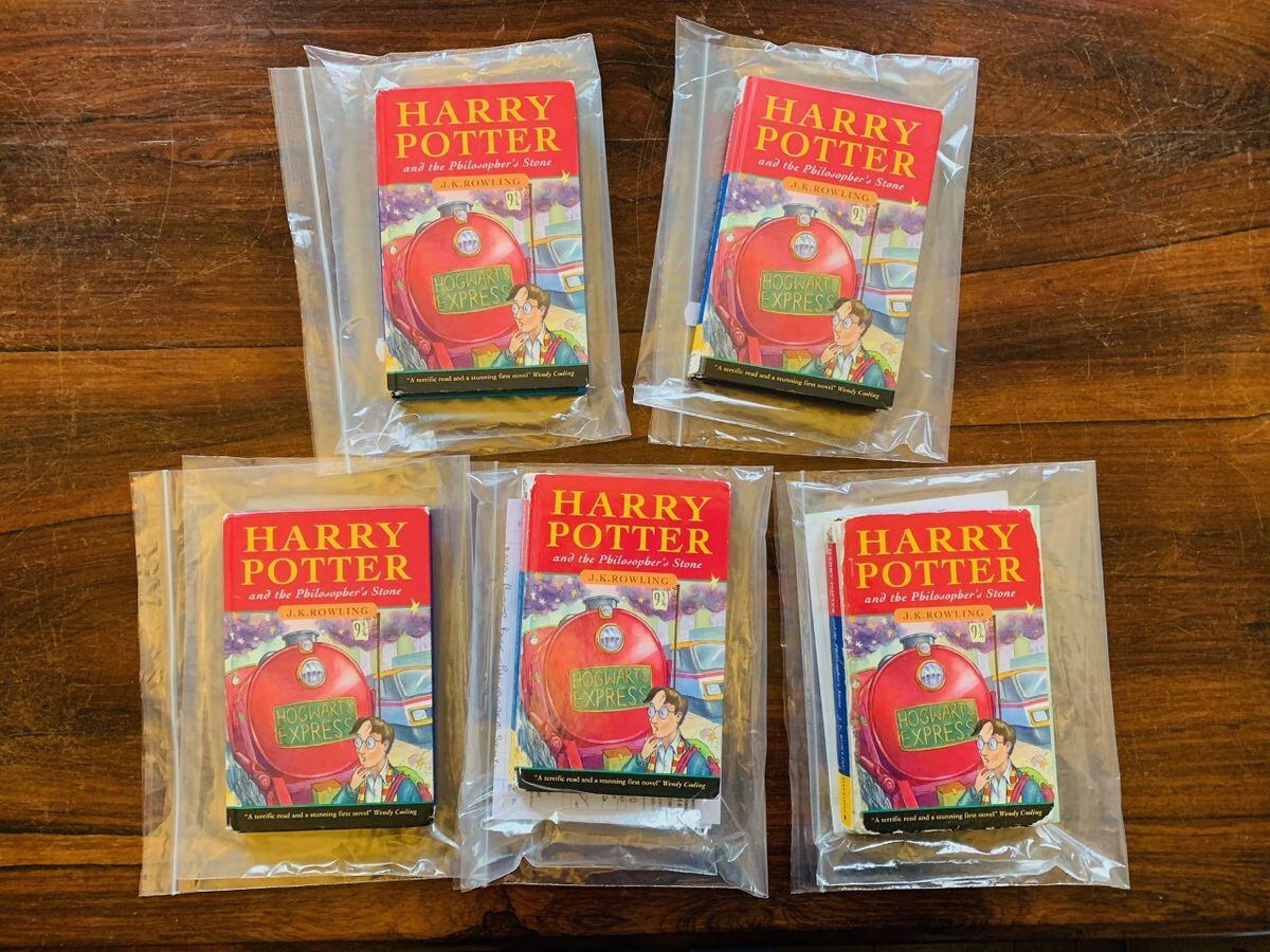 Five hardback first editions of Harry Potter and the Philospher's Stone from 1997. Photo: Hansons