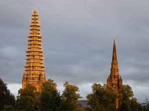 The main spire looks more like a pagoda as it is covered in scaffolding for the start of a major refurbishment project.