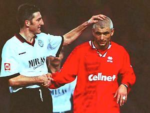 Steve Essex with Middlesbrough’s Fabrizio Ravanelli     Picture supplied by Hednesford Town