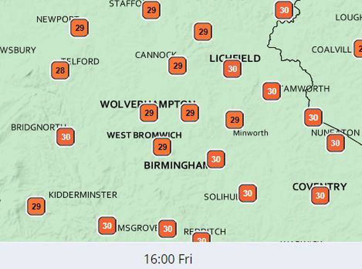 Some of the temperatures expected at the peak of the heatwave on Friday afternoon. Data: Met Office