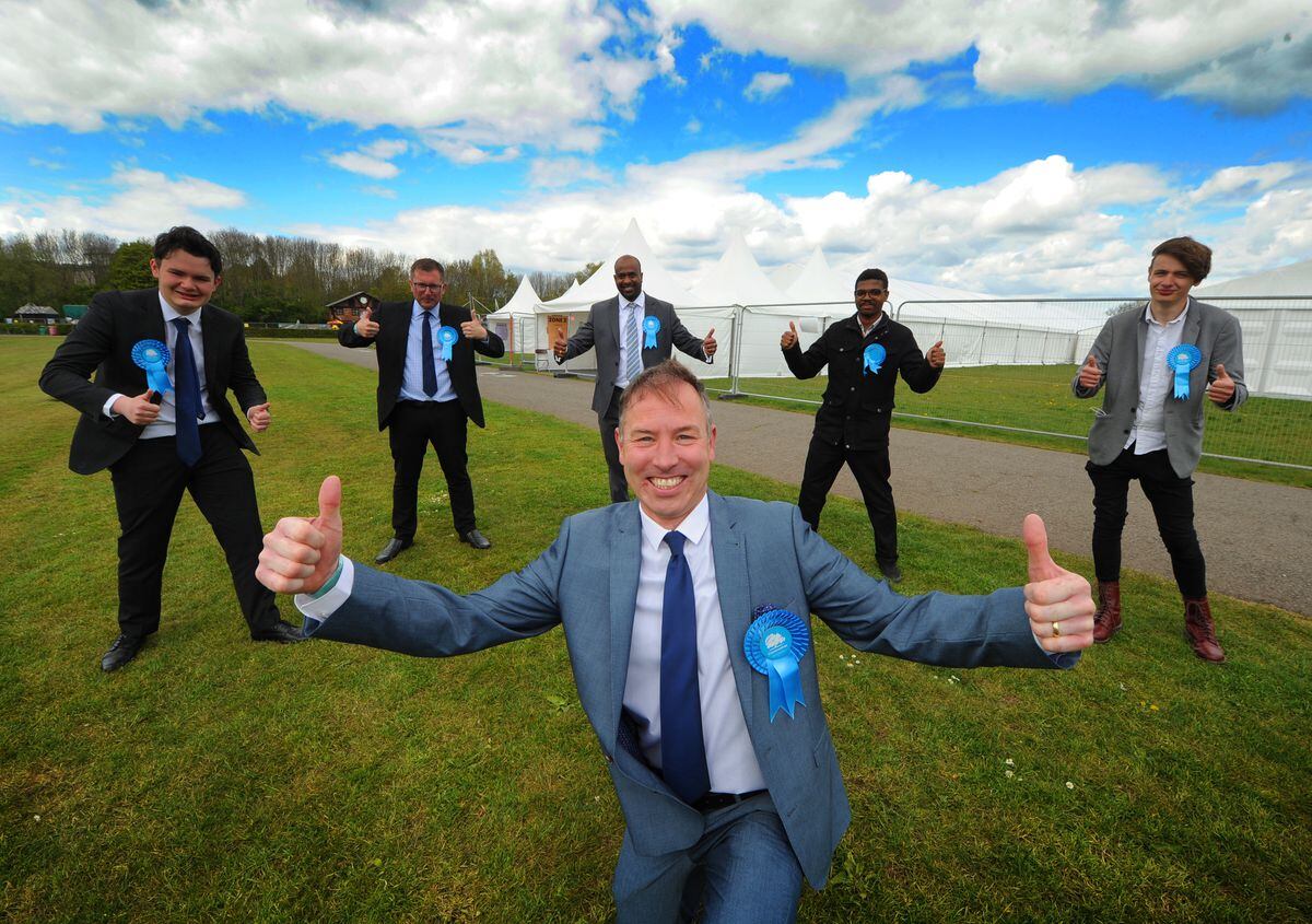 David Fisher, up front, was celebrating the Conservatives' wins in the local election at Sandwell, but then stepped down as group leader.