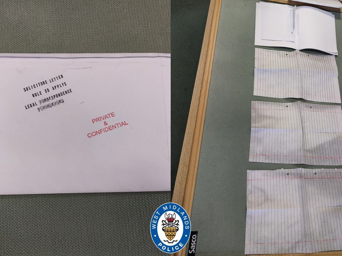 An envelope and letters intercepted by prison staff. Photo: West Midlands Police