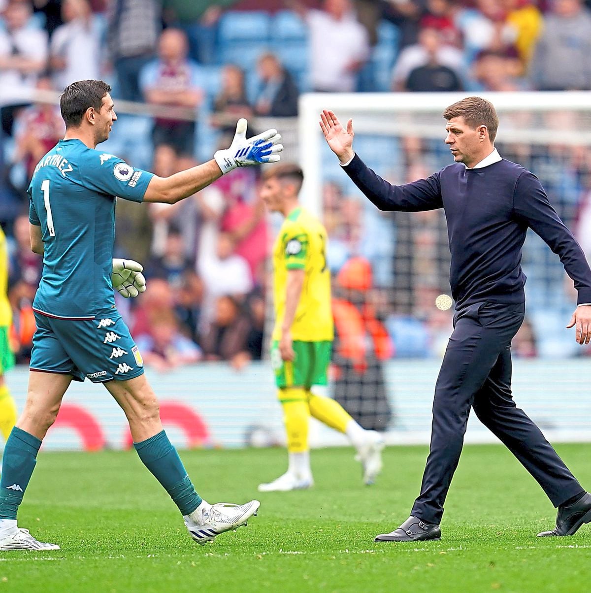Villa head coach Steven Gerrard, right, after victory over Norwich