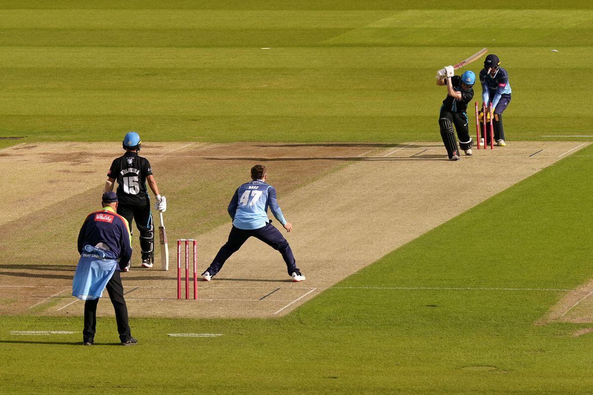 Worcestershire Rapids' Ed Pollock is bowled out by Yorkshire Vikings' Dom Bess during the Vitality Blast T20 north group match at Clean Slate Headingley, Leeds. Picture date: Wednesday May 25, 2022.