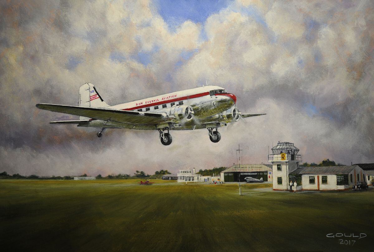 A painting of Pendeford Airport in 1958, featuring a Don Everall DC-3, by artist Andy Gould, of Wolverhampton.