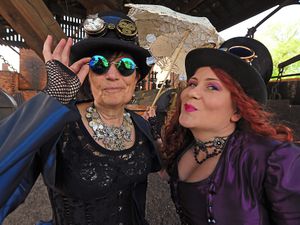 Steampunks Christine Rowley and Magorin Pye ready for Red By Night at Black Country Museum
