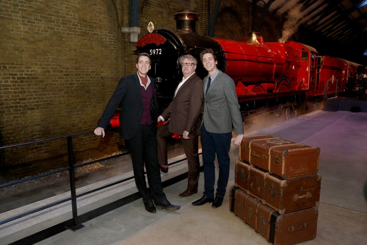 James Phelps, Mark Williams and  Oliver Phelps at the launch of The Original Hogwarts Express and Platform 9 3/4 at Warner Bros. Studio Tour near Watford in 2015. Picture: PA 