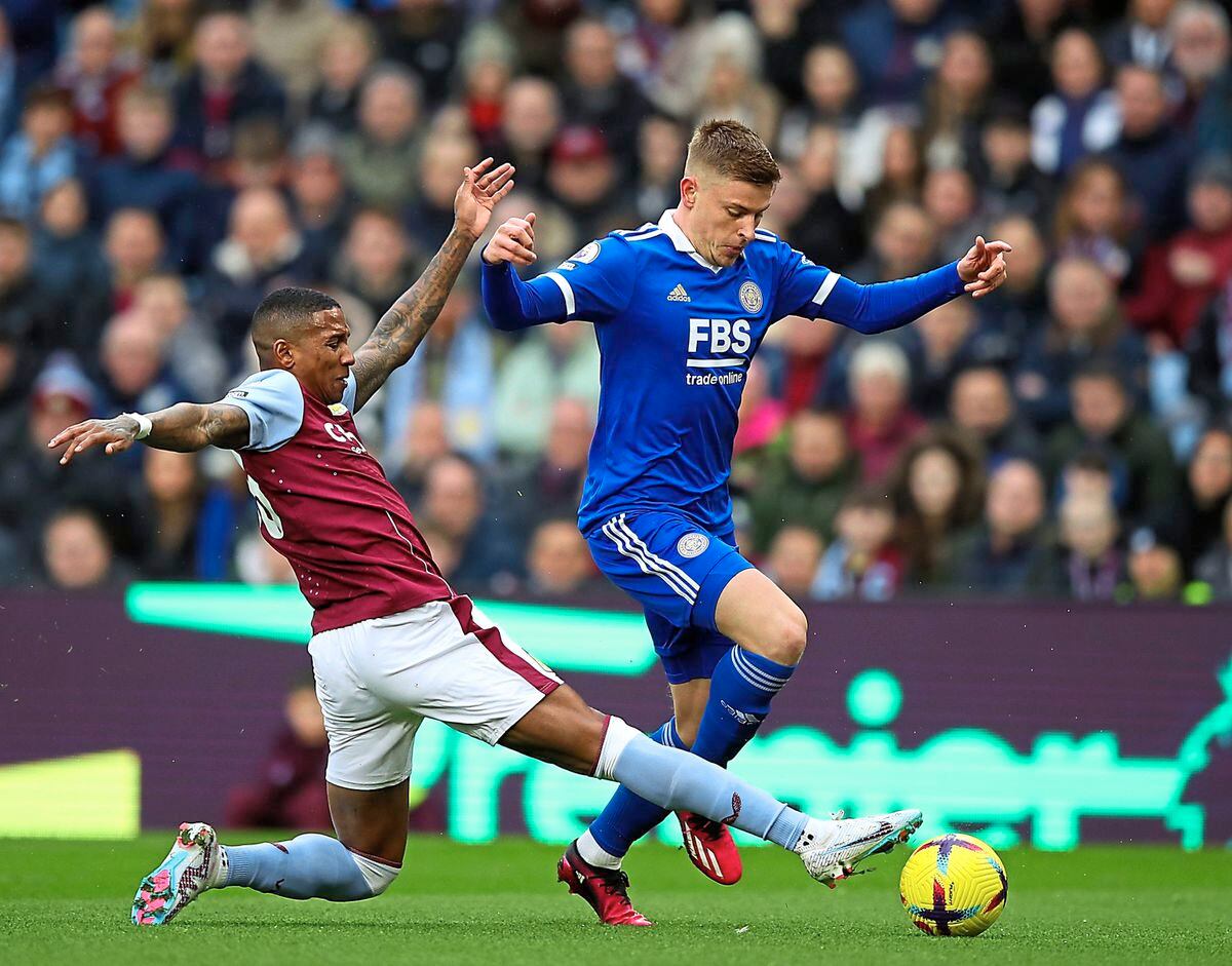 
              
Aston Villa's Ashley Young and Leicester City's Harvey Barnes (right) battle for the ball during the Premier League match at Villa Park, Birmingham. Picture date: Saturday February 4, 2023. PA Photo. See PA story SOCCER Villa. Photo credit should read: Isaac Parkin/PA Wire.


RESTRICTIONS: EDITORIAL USE ONLY No use with unauthorised audio, 
video, data, fixture lists, club/league logos or "live" services. Online in-match use limited to 120 images, no video emulation. No use in betting, games or single club/league/player publications.
            
