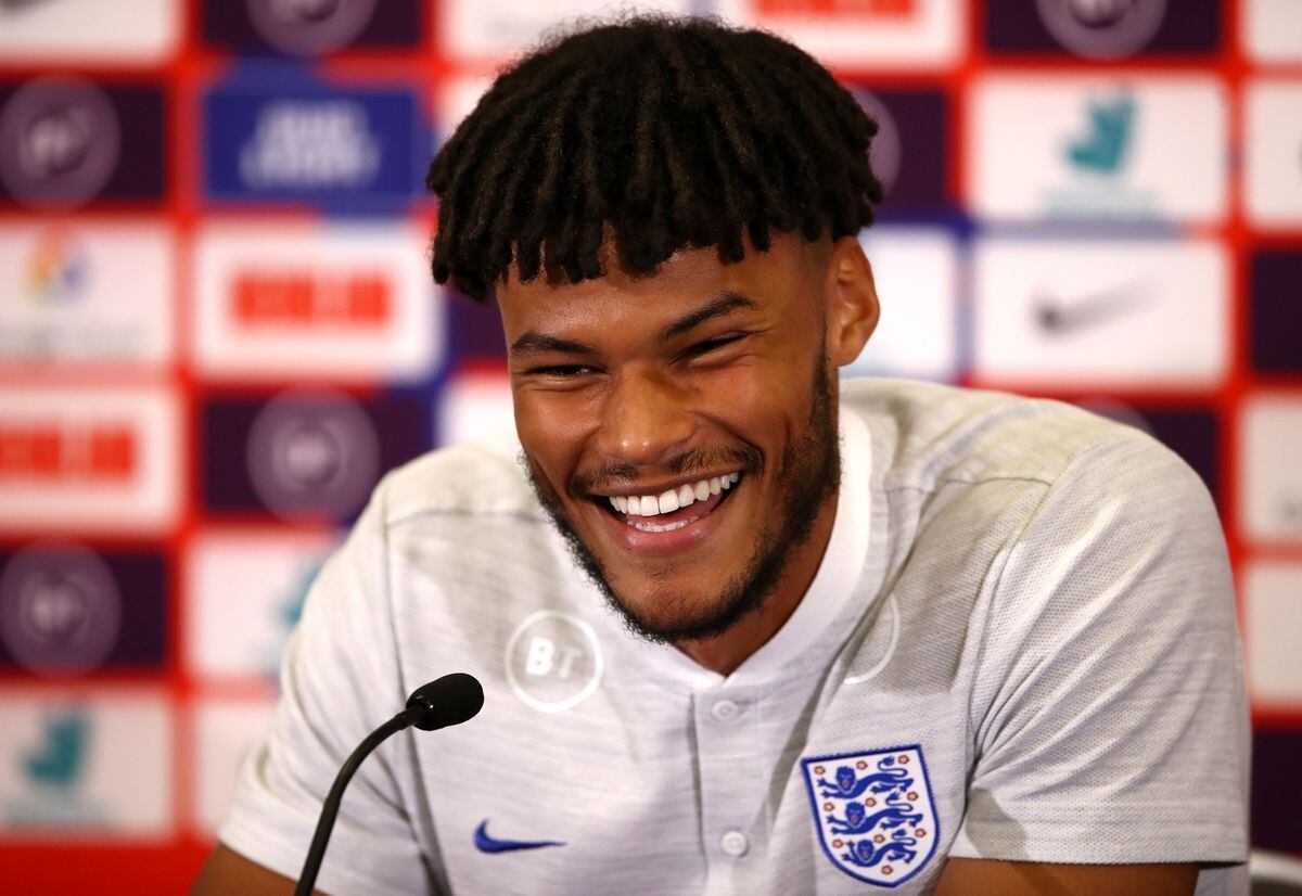 Tyrone Mings talks at St George's Park on Wednesday.