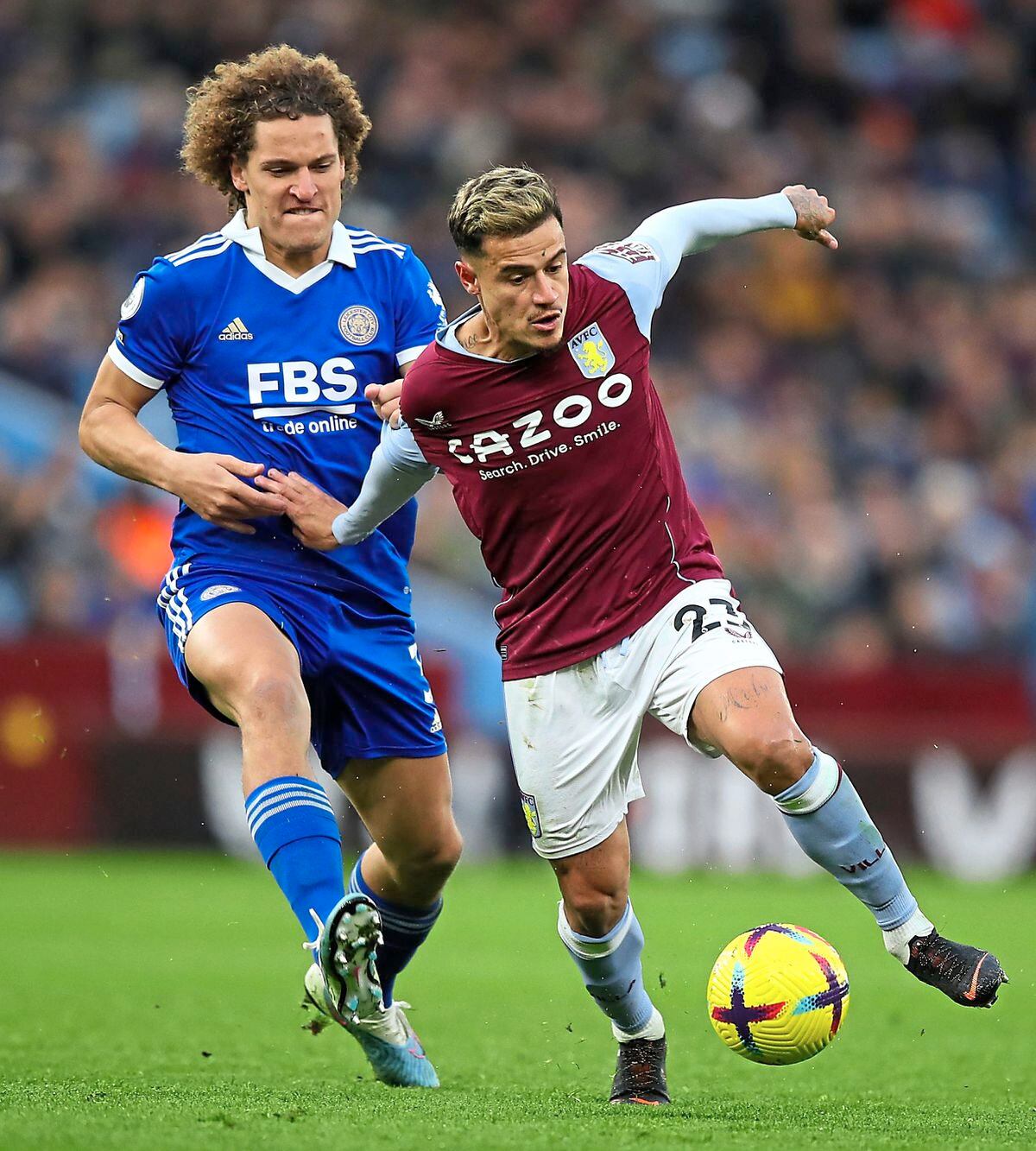 
              
Leicester City's Wout Faes (left) and Aston Villa's Philippe Coutinho (right) battle for the ball during the Premier League match at Villa Park, Birmingham. Picture date: Saturday February 4, 2023. PA Photo. See PA story SOCCER Villa. Photo credit should read: Isaac Parkin/PA Wire.


RESTRICTIONS: EDITORIAL USE ONLY No use with unauthorised audio, 
video, data, fixture lists, club/league logos or "live" services. Online in-match use limited to 120 images, no video emulation. No use in betting, games or single club/league/player publications.
            
