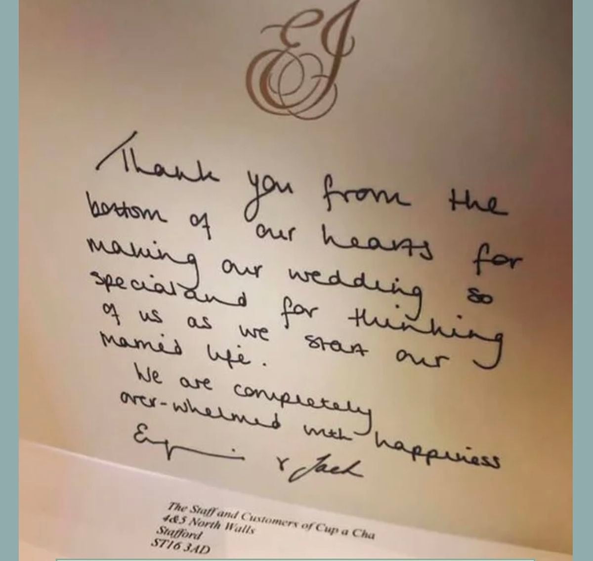 A handwritten letter to Princess Eugenie and Jack Brooksbank's cafe after their wedding