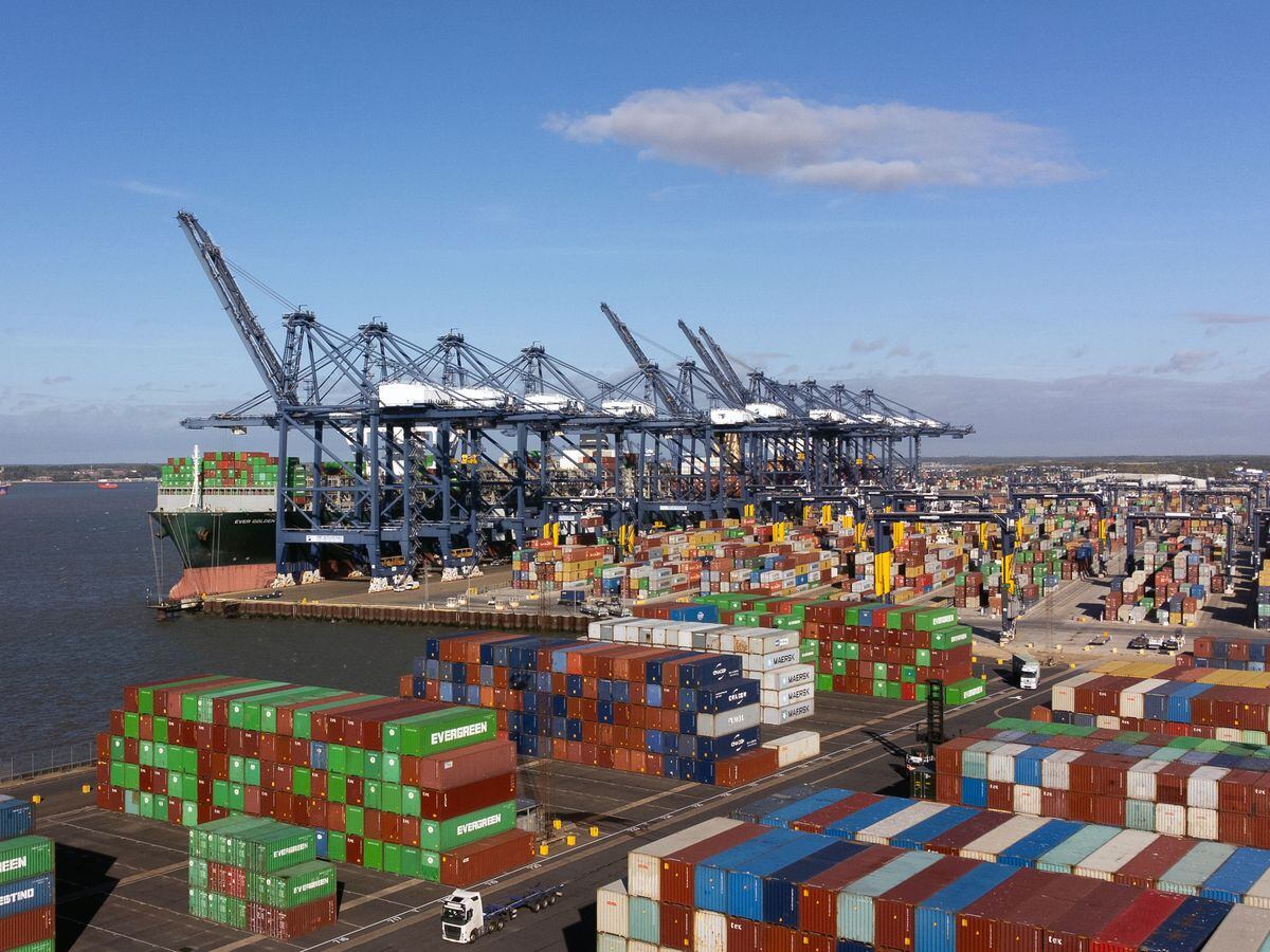 Containers are unloaded from cargo ships at the Port of Felixstowe