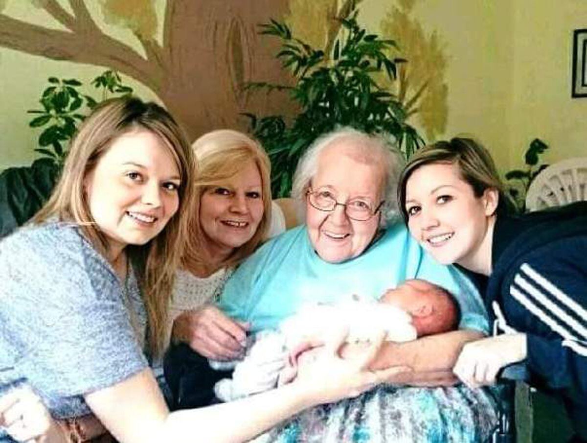 Irene Garbett with great grandchild Max, daughter Carol and grandchildren Kate (left) and Helen.