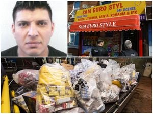 Zemnako Azad Salih, left top, was caught out by trading standards who found £200k worth of illegal and counterfeit cigarettes and tobacco, bottom, at his shop in Whitmore Reans, right top