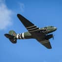 A vintage C-47 Dakota performs a flypast over Bedford crematorium as the funeral service for Sir Tom Moore takes place (Photo by Leon Neal/Getty Images)
