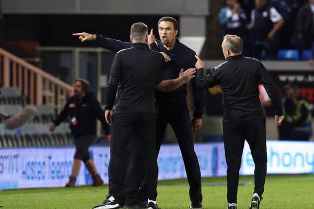 Valerien Ismael and former Posh boss Darren Ferguson exchange words after the former’s celebration following Semi Ajayi’s late winner. Photo: Joe Dent/theposh.com.