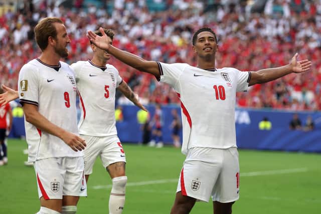 Jude Bellingham celebrates after scoring against Norway. (Photo by Richard Pelham/Getty Images)